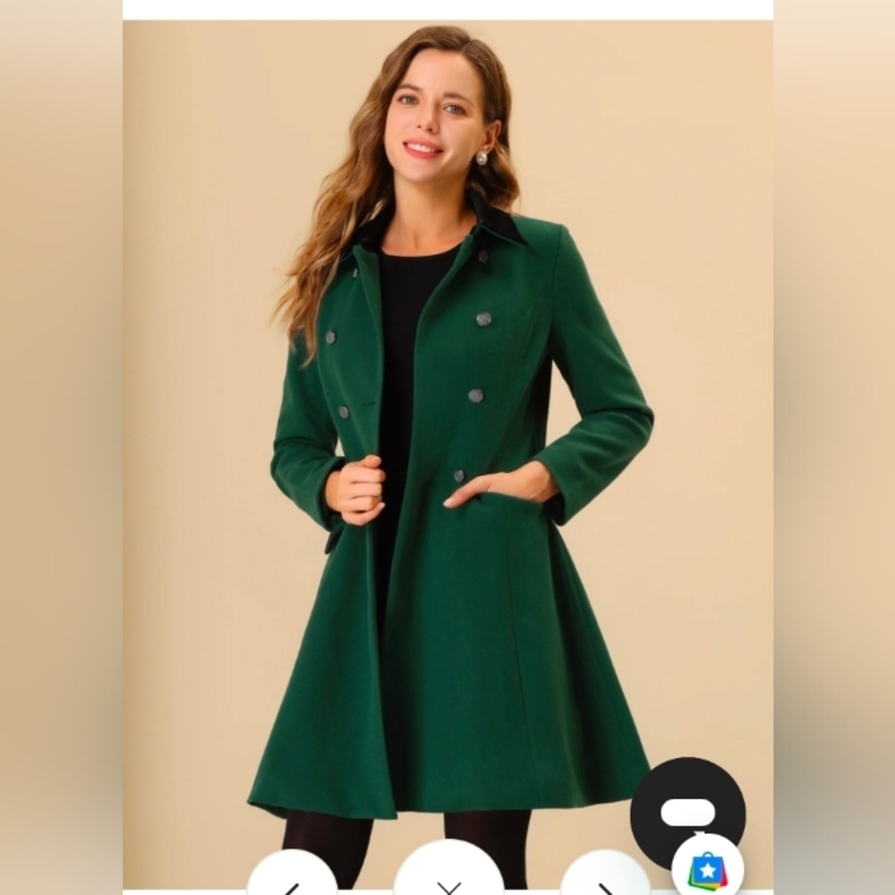 Allegra K Winter Double Breasted Vintage A-line Flare Long Coat  Green